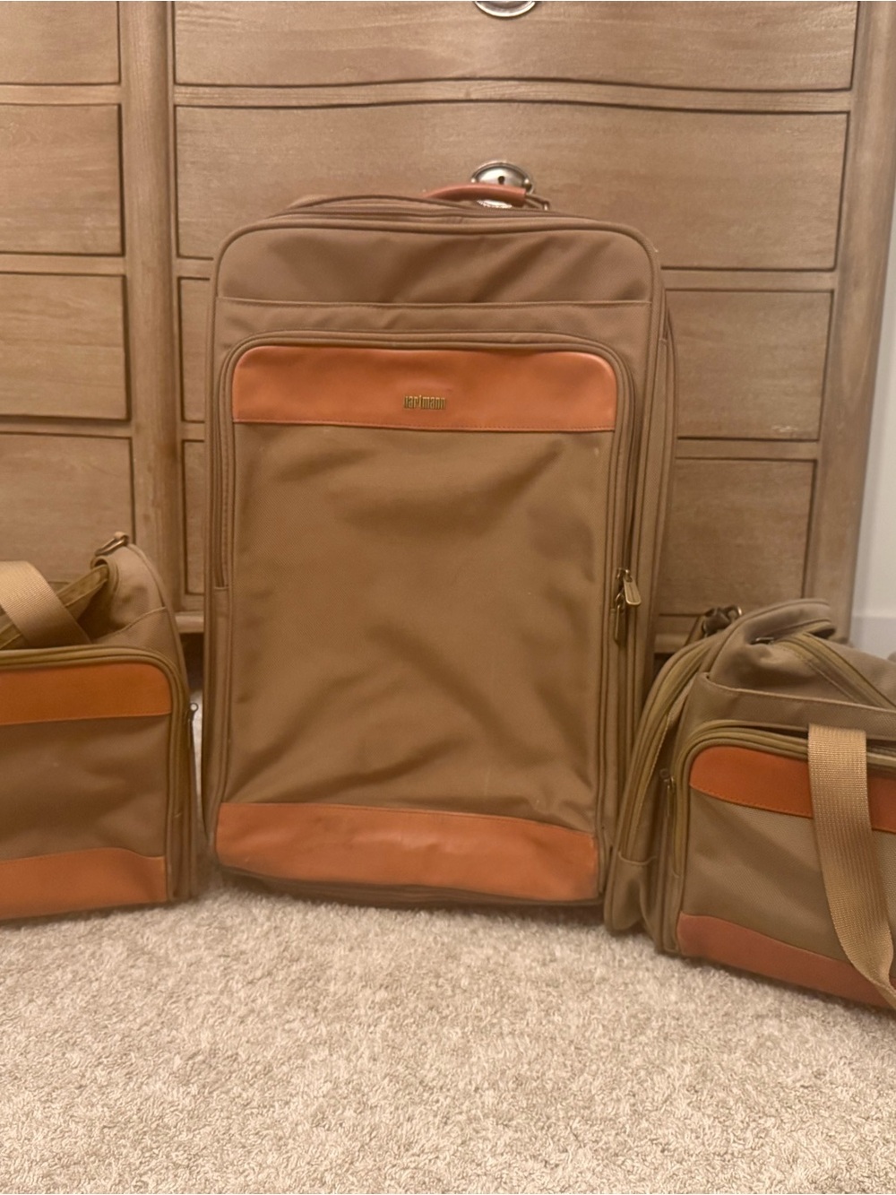 Three-Piece Travel Luggage Set - Brown with Tan Accents
